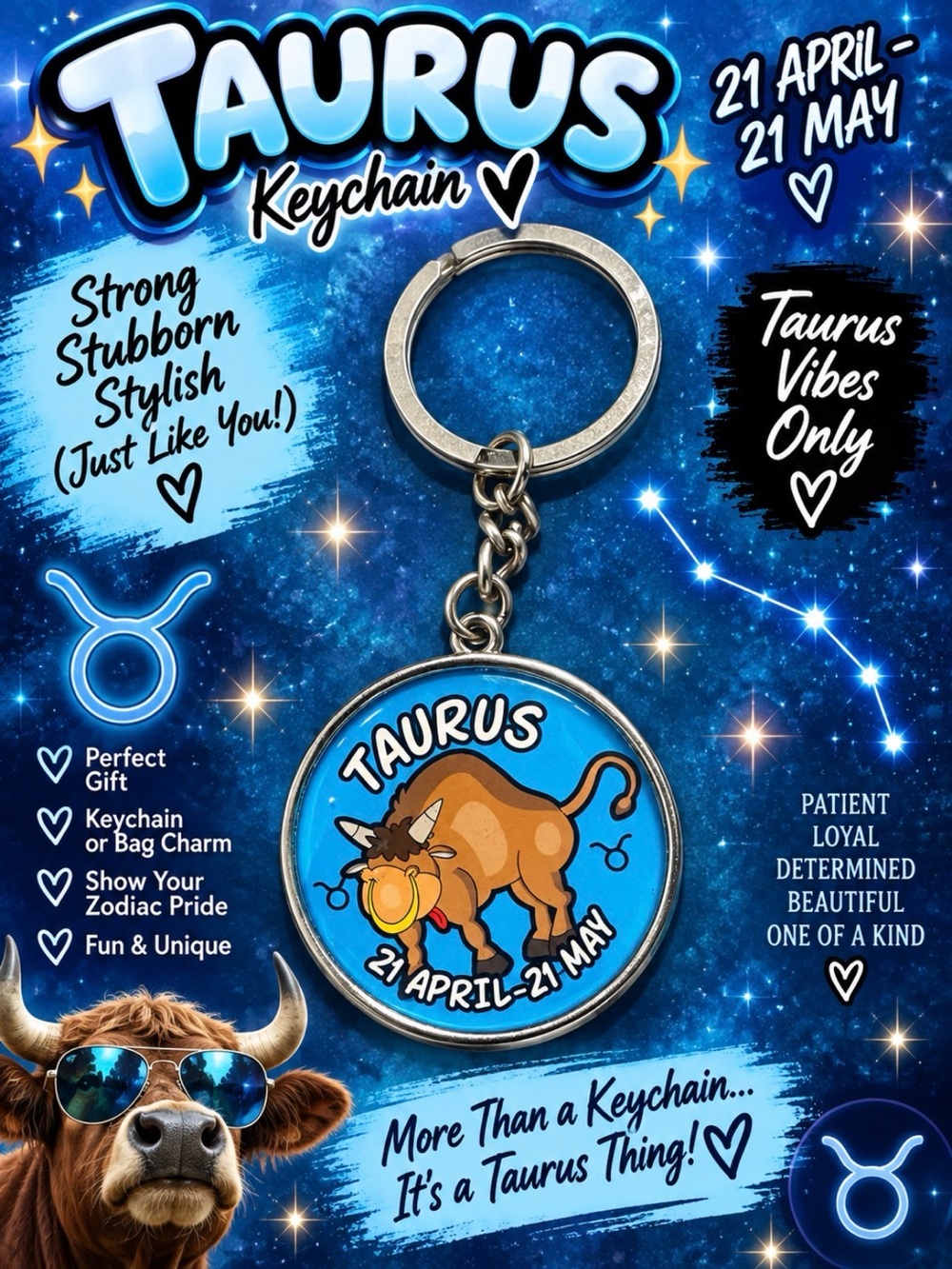 Taurus Blue Zodiac Keychain - Bull